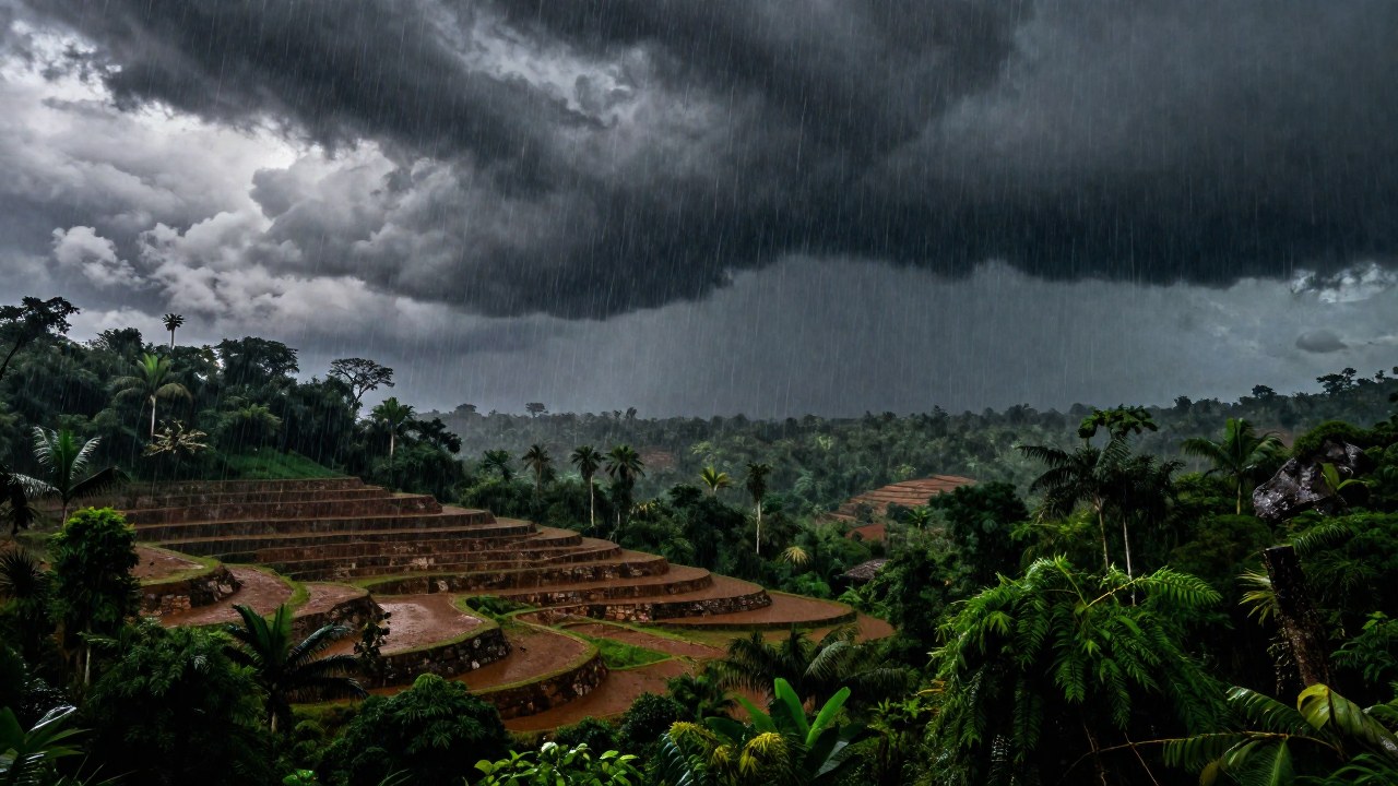 Lluvia torrencial sobre campos agrícolas en terrazas y selva de Mesoamérica.