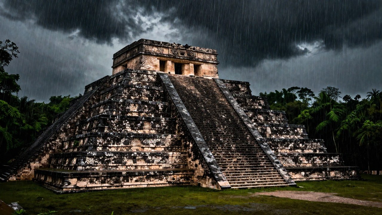 Ruinas de Templo Mayor cubiertas por una fuerte lluvia, evocando la fuerza de la naturaleza en la antigua cultura mexica.