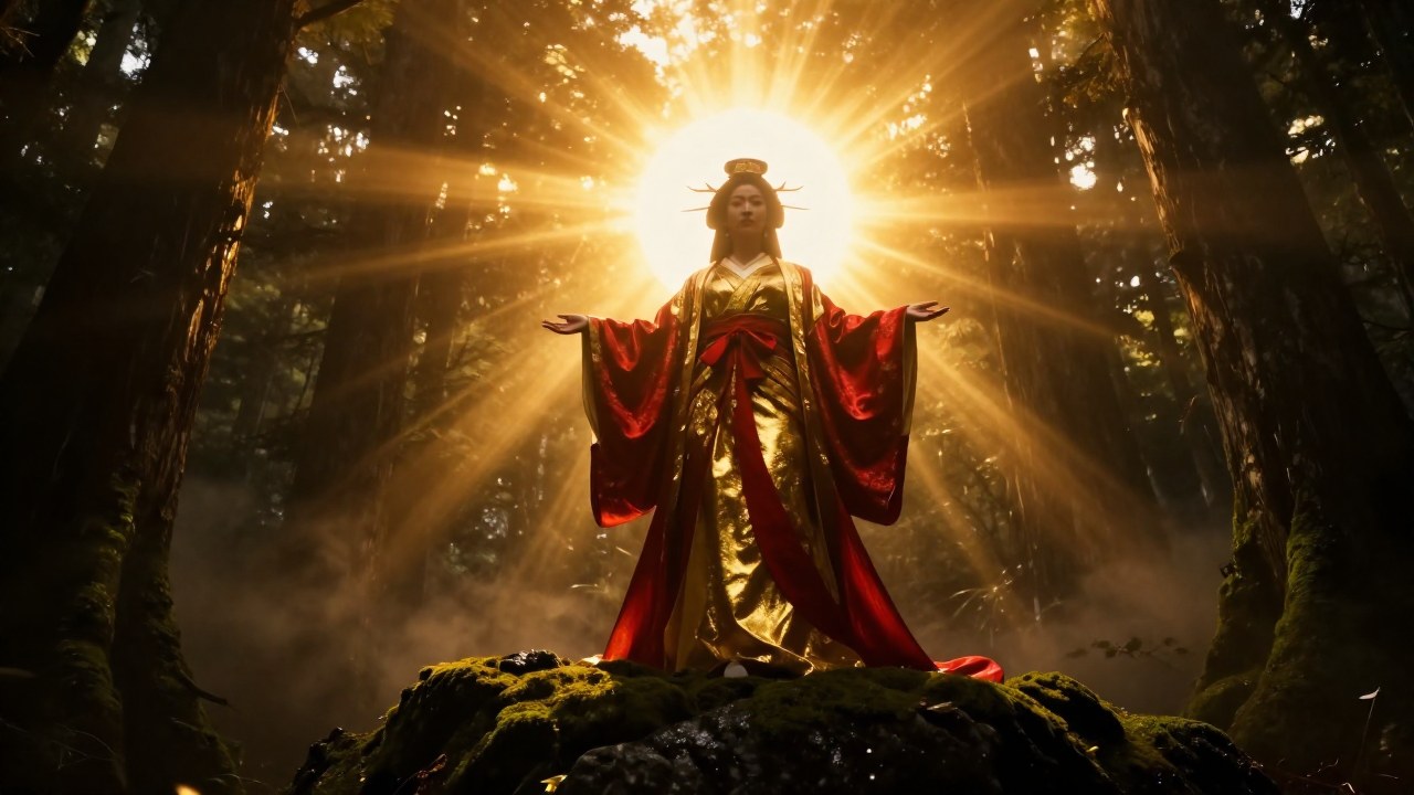 Amaterasu, la diosa del sol, aparece en un paisaje sagrado japonés, vestida con ropajes dorados y rodeada de luz radiante.