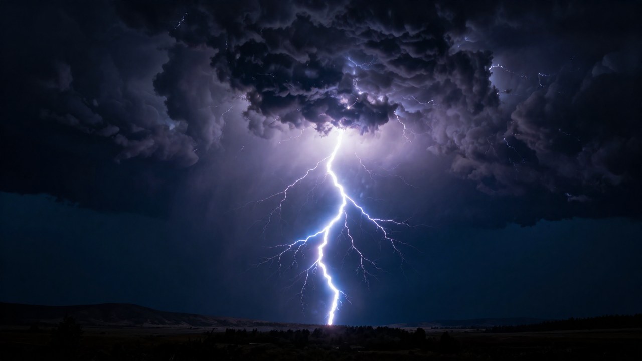 Un relámpago masivo atraviesa densas nubes de una tormenta sobre un vasto paisaje desolado.