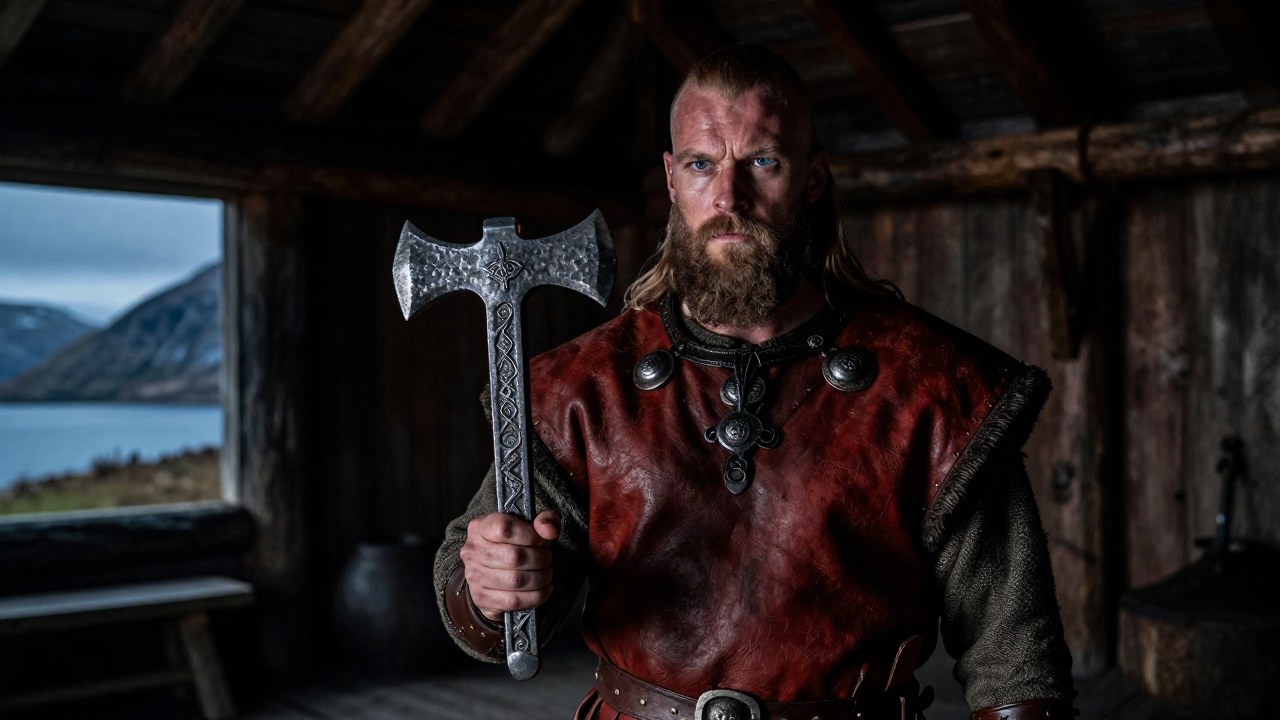 Figura vikinga sosteniendo un amuleto Mjölnir antiguo, simbolizando su significado histórico como talismán.