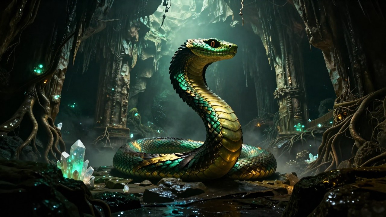 Quetzalcóatl, una serpiente emplumada, atraviesa una caverna subterránea iluminada por cristales brillantes.