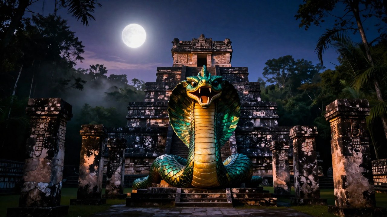 Serpiente emplumada entre las ruinas de un templo mesoamericano bajo el planeta Venus al amanecer.