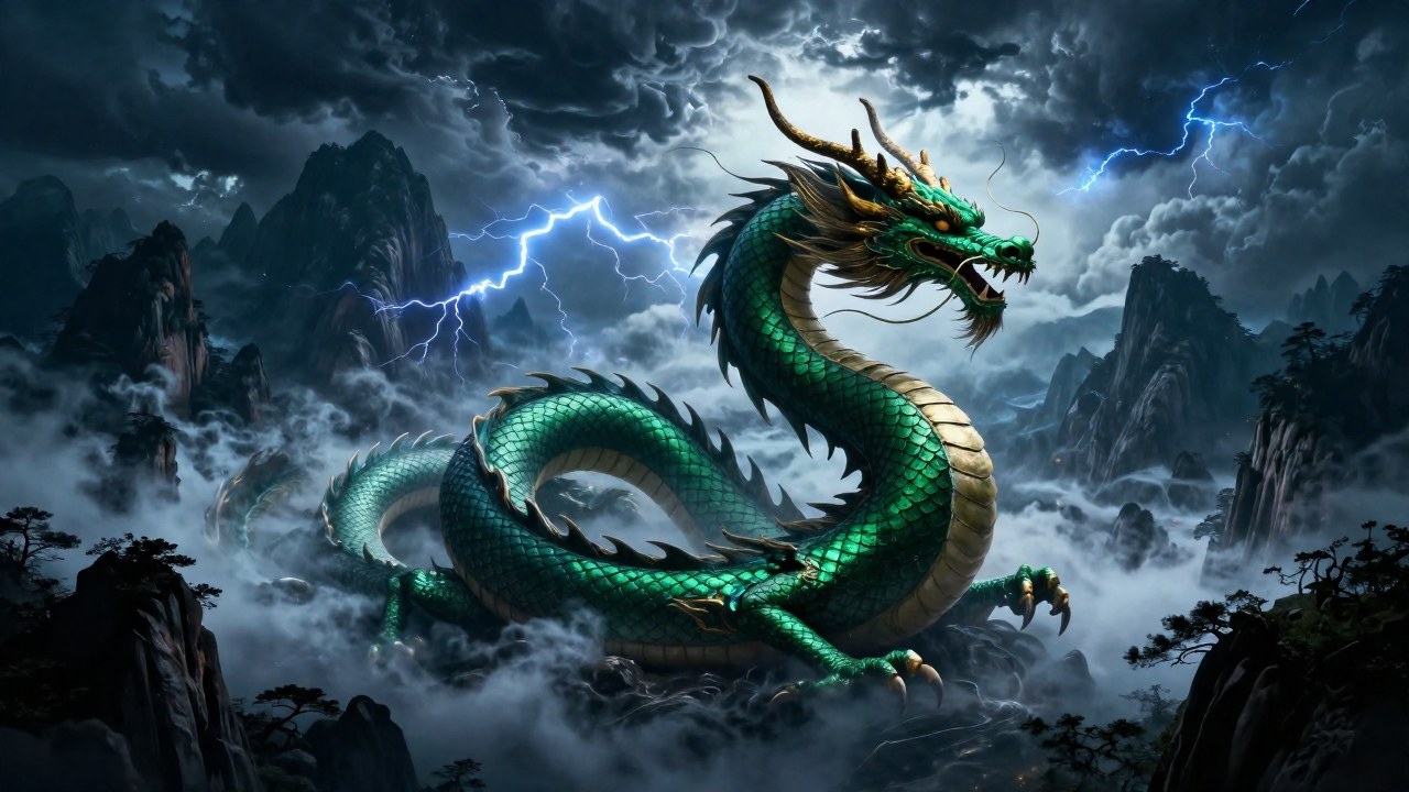 Dragón celestial enroscado dinámicamente a través de un paisaje montañoso asiático bajo una tormenta eléctrica.