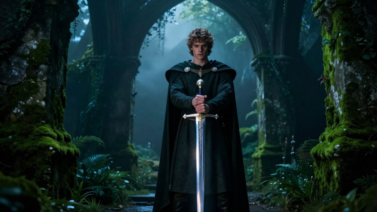 Rey Arturo, en atuendo regio, sostiene la espada Excalibur dentro del místico reino de Avalon.