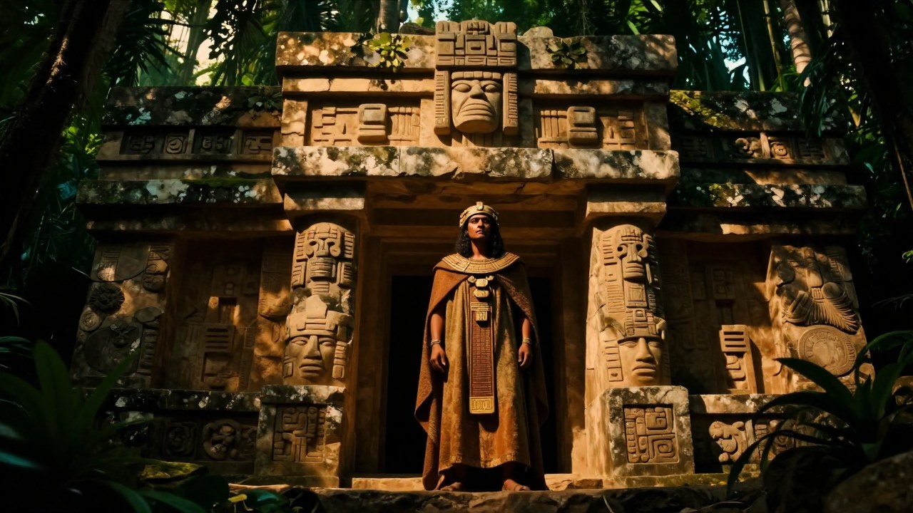 Un digno líder en la entrada de un antiguo templo de piedra, inmerso en la densa jungla mesoamericana.