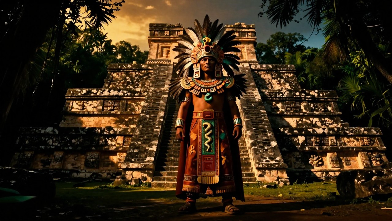 Sacerdote con vestimenta tolteca se encuentra entre las ruinas mesoamericanas y vegetación densa.