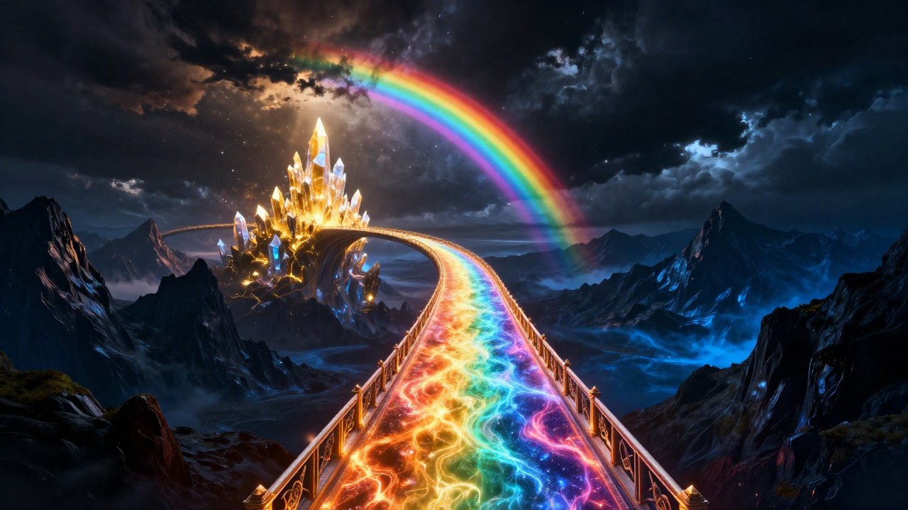 Puente Bifröst, un camino cósmico luminoso que une un reino dorado celestial con un paisaje montañoso oscuro.