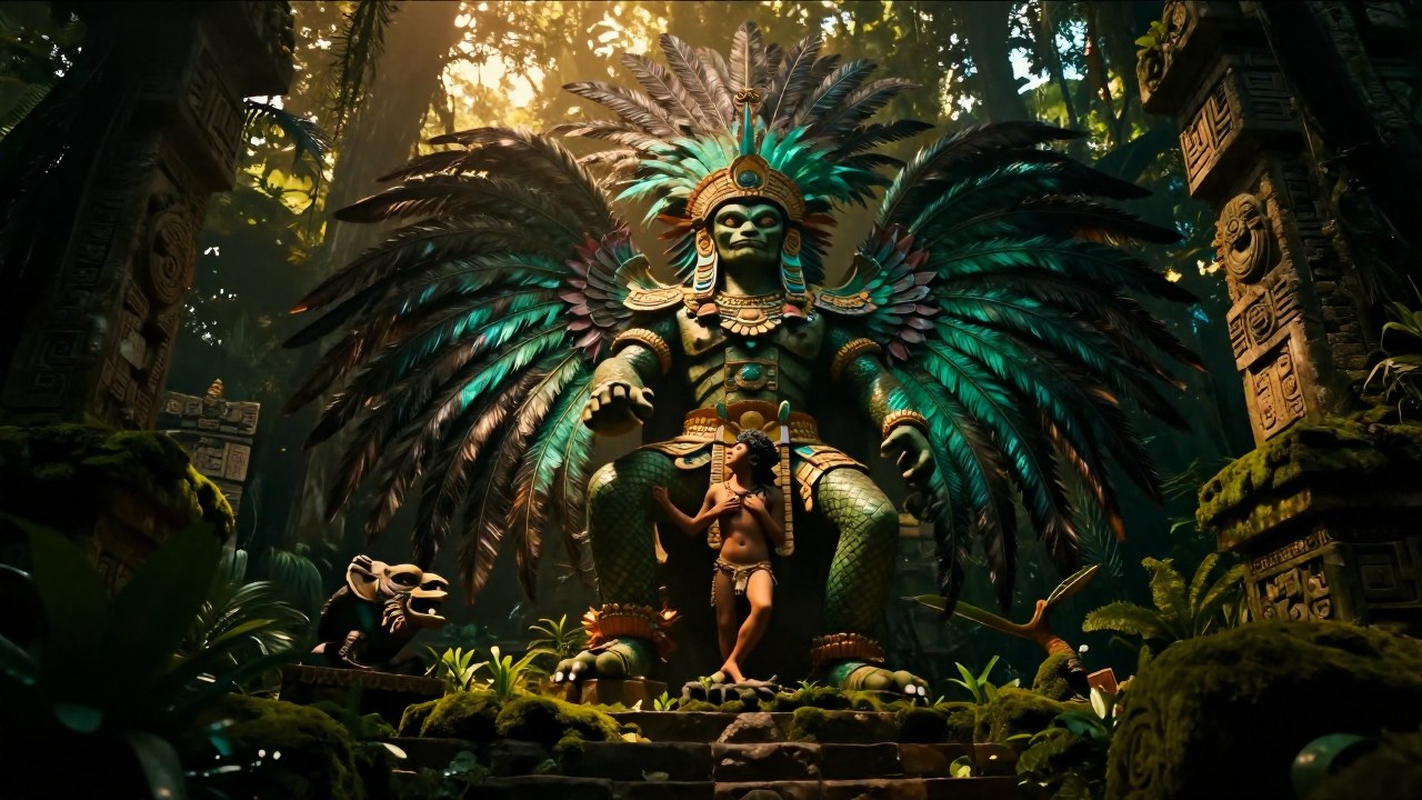 La deidad Quetzalcoatl interactúa con un ser humano primordial en un paisaje ceremonial mesoamericano.
