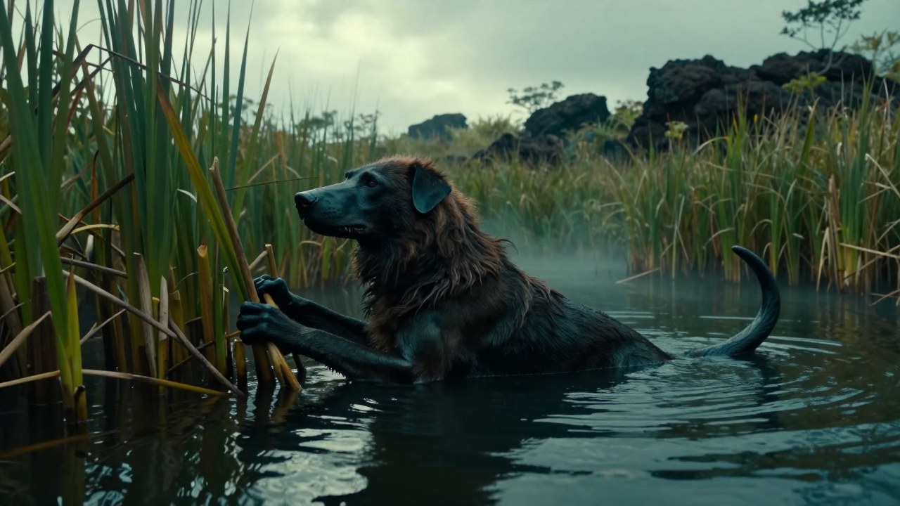 Un Ahuizotl de cuerpo canino y manos humanas emerge de un lago mexicano prehistórico.