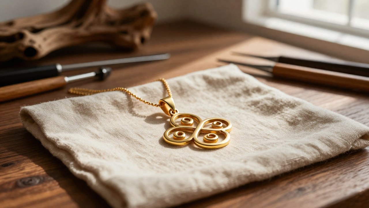 Colgante de oro triskel sobre tela de lino en un banco de trabajo de joyería.