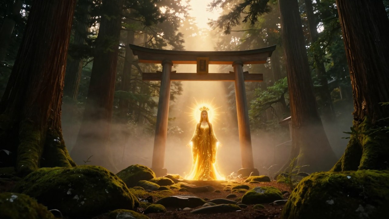 Figura femenina radiante de la diosa Amaterasu en un paisaje de montaña con una puerta torii.