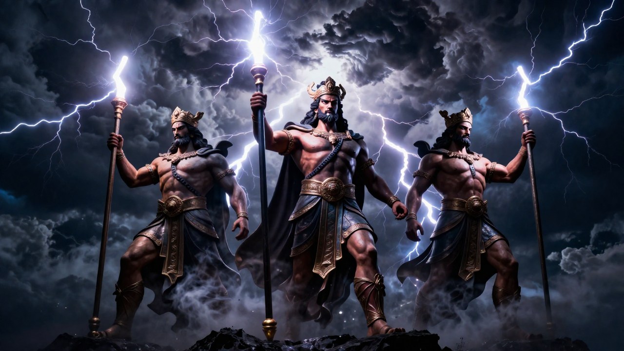 Tres figuras divinas gigantescas portan truenos y varas en medio de una tormenta épica.