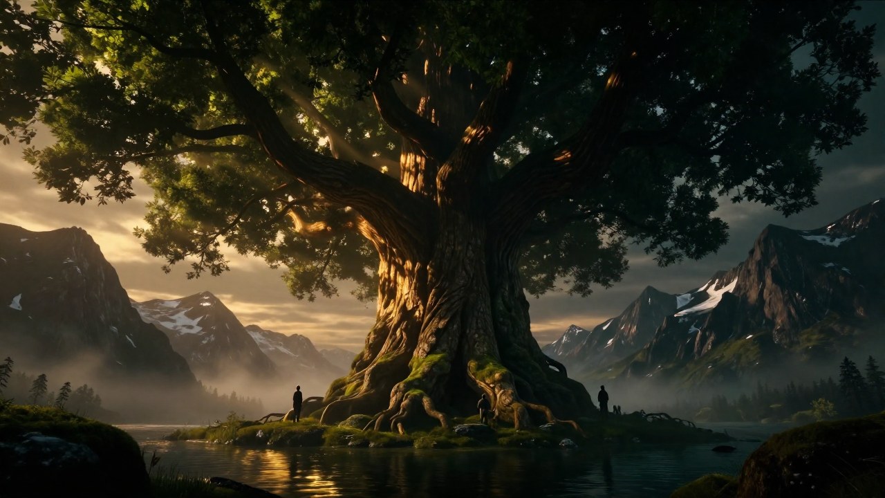 El colosal árbol Yggdrasil domina un valle neblinoso con siluetas humanas diminutas a sus pies.