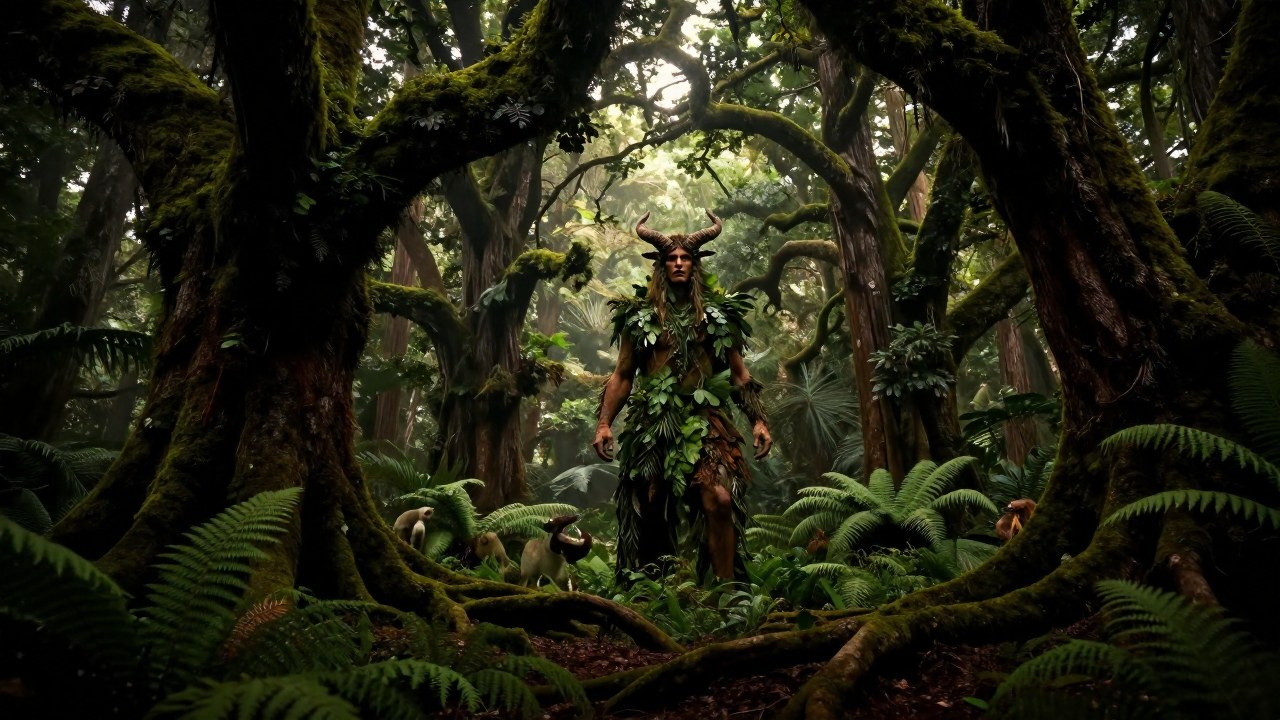 Figura majestuosa que representa la naturaleza en un denso y antiguo bosque.