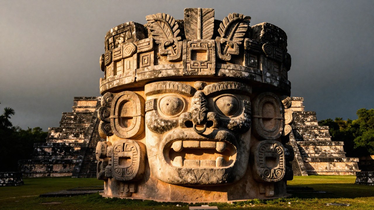 Escultura de basalto de Tláloc con tocado complejo en un sitio arqueológico mexicano.