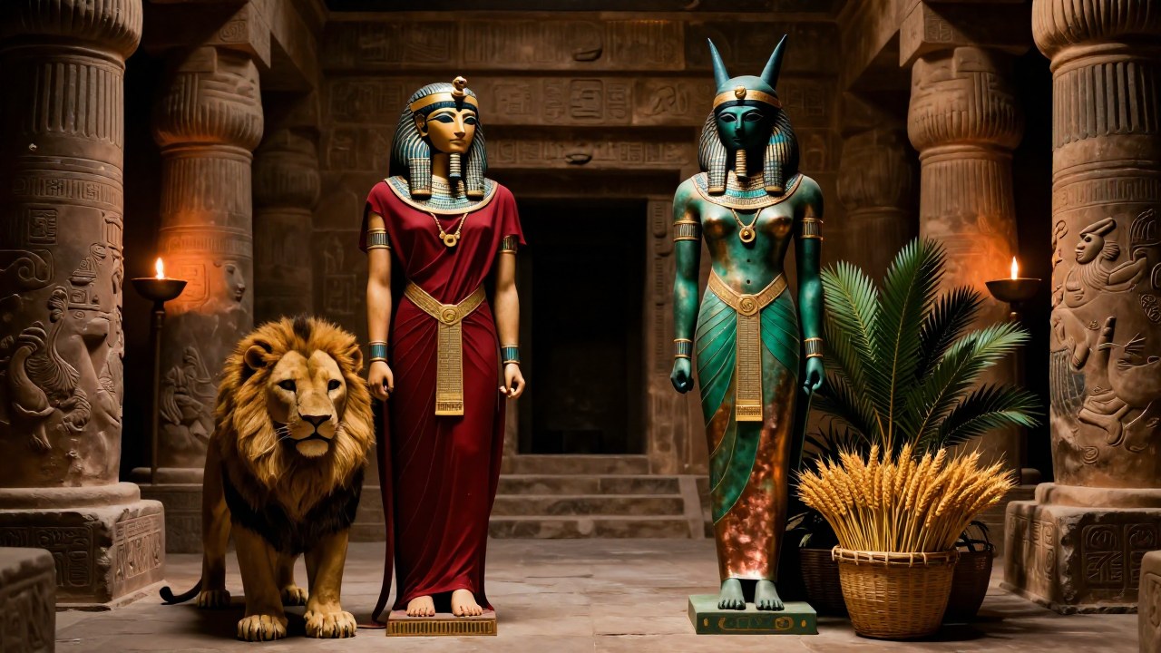 Ishtar con un león y la deidad Inanna con frutos y palmeras en un templo.