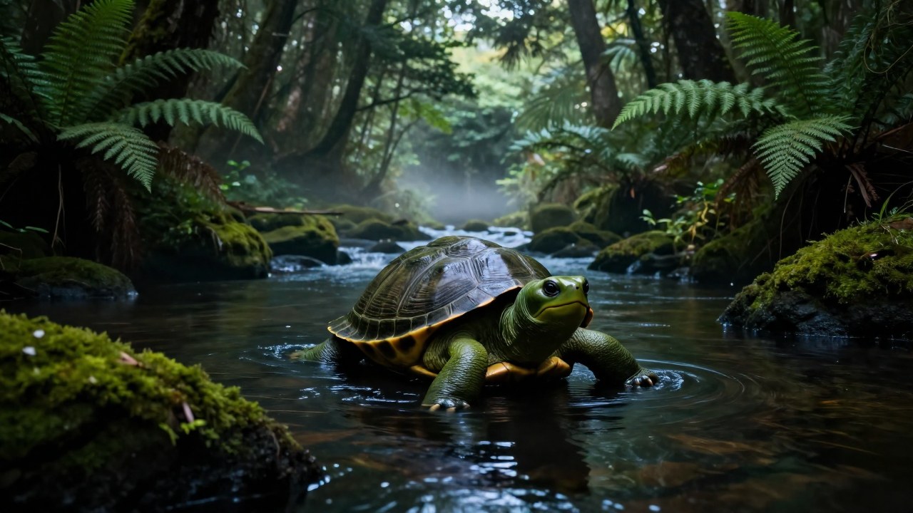 Un kappa con caparazón de tortuga emerge de un río en un bosque denso.