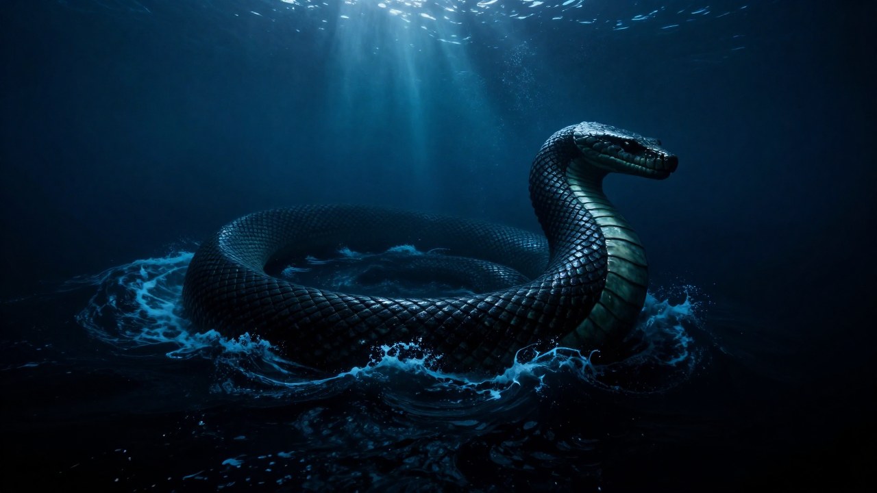 Serpiente mitológica colosal atravesando las profundidades abisales de un vasto océano.