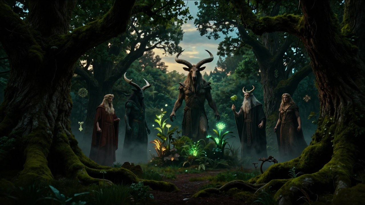 Deidad celta Cernunnos emergiendo de un bosque ancestral rodeado de niebla y fuerza natural.