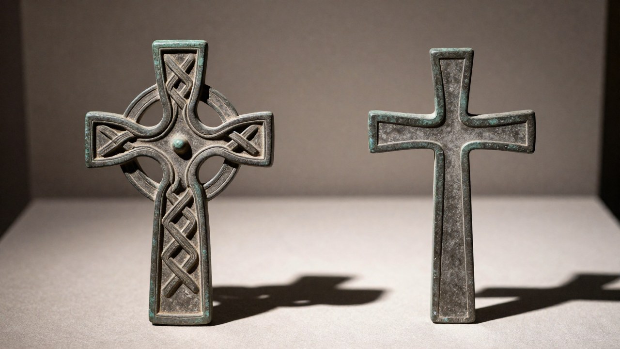 Cruz celta y cruz latina de piedra antigua, comparadas lado a lado para destacar sus diferencias.
