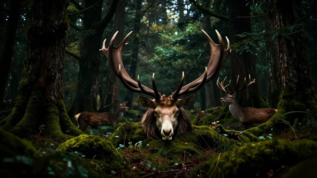 Antlers majestuosos emergen de un denso bosque cubierto de musgo, flanqueados por animales salvajes.