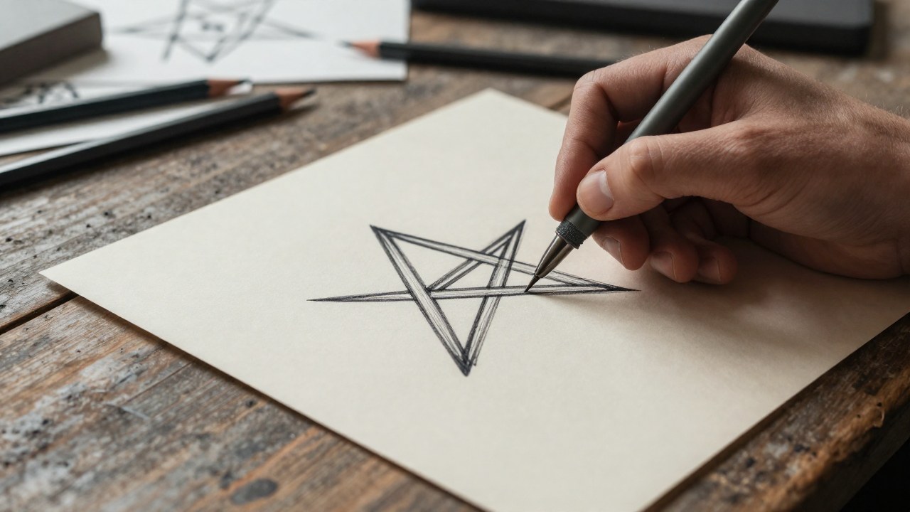 Una mano dibuja el símbolo Valknut con tinta sobre un papel texturizado en una mesa de madera.