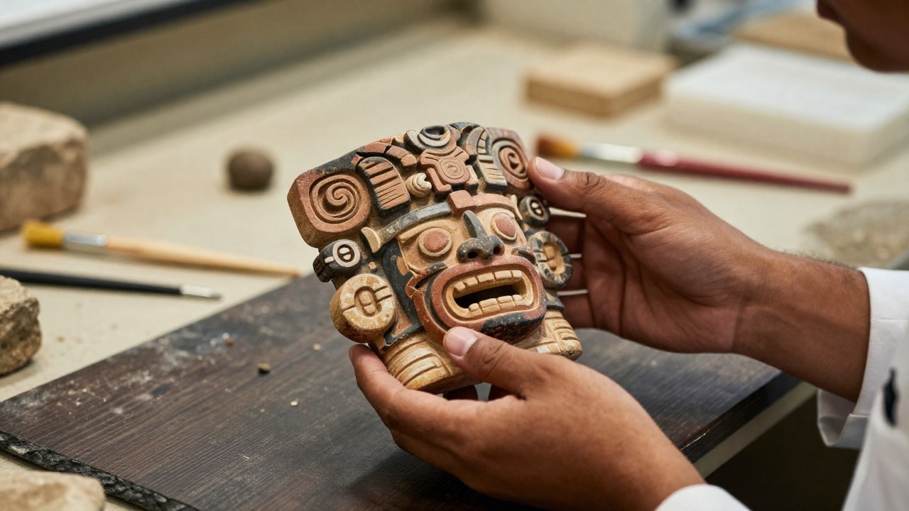 Manos de un especialista examinan con cuidado un intrincado artefacto cerámico mesoamericano.