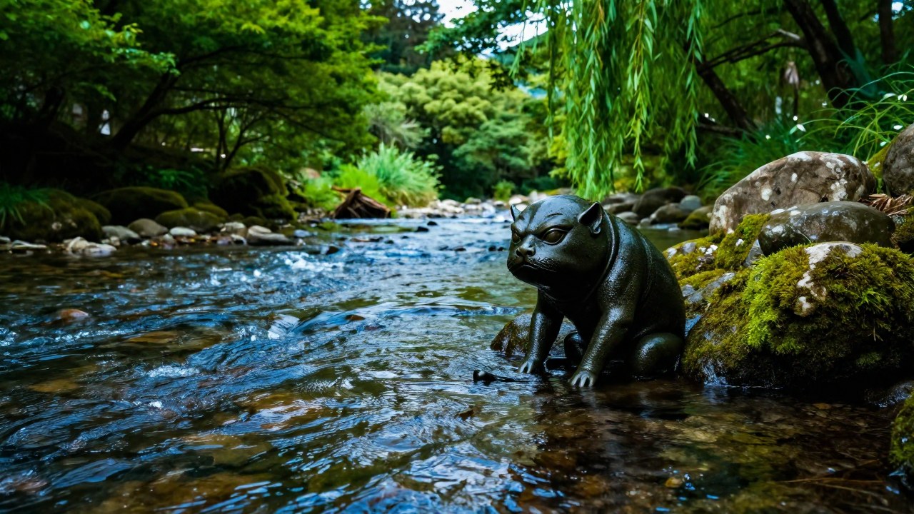 Kappa parcialmente sumergido contra rocas en un río japonés con exuberante vegetación.