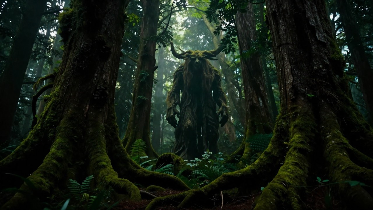 La figura de un espíritu boscoso entre la densa vegetación de un bosque antiguo y primordial.