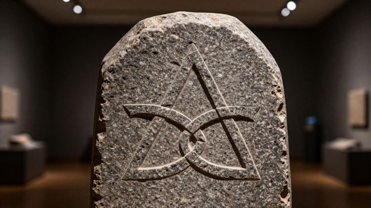 Símbolo Valknut grabado en una piedra rúnica nórdica en un museo.
