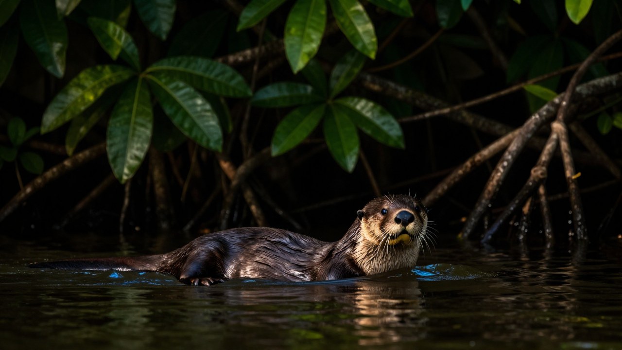 Nutria gigante nadando en aguas turbias de pantano tropical al anochecer.