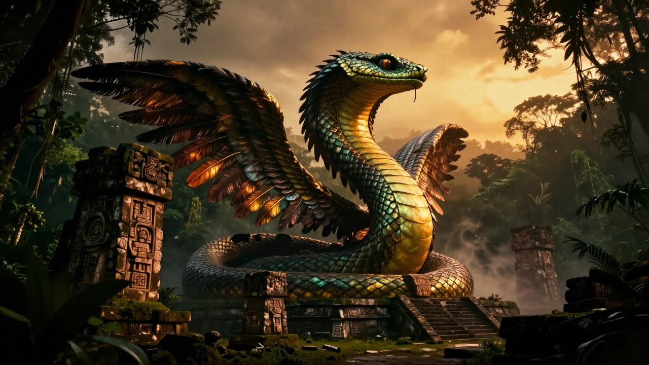Colosal serpiente emplumada emerge de antiguas ruinas mesoamericanas cubiertas de niebla.