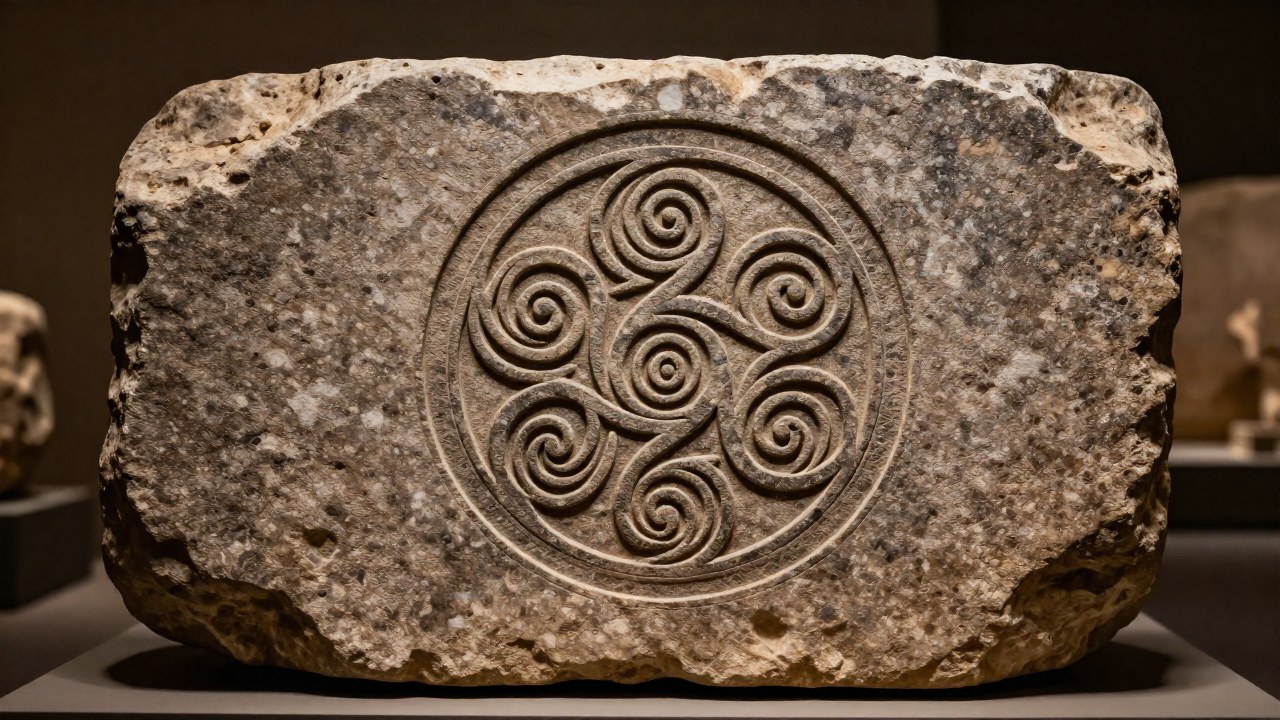 Símbolo Triskel de piedra tallada, en relieve profundo, en un contexto de descubrimiento arqueológico.