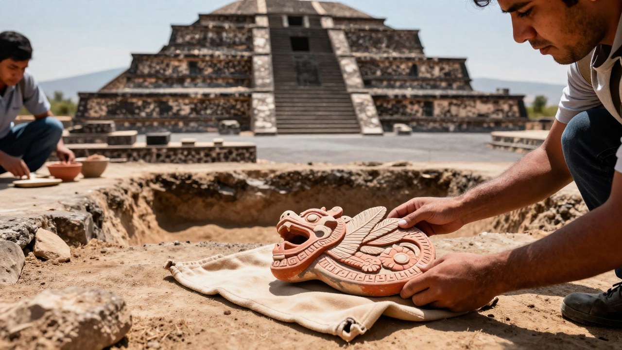 Dos arqueólogos examinan un fragmento cerámico mesoamericano con iconografía de serpiente emplumada en Teotihuacán.