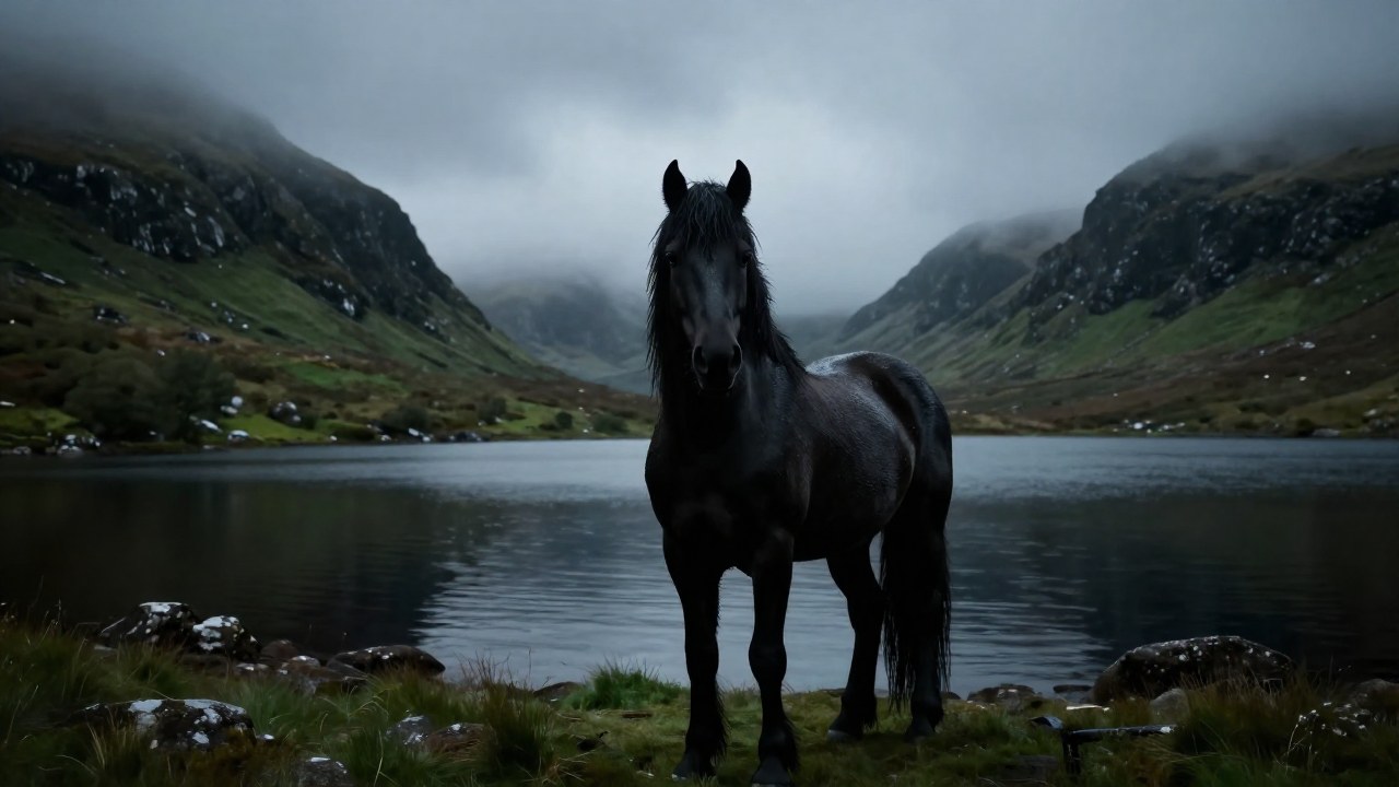 Caballo negro húmedo en la orilla de un lago en las Tierras Altas de Escocia.