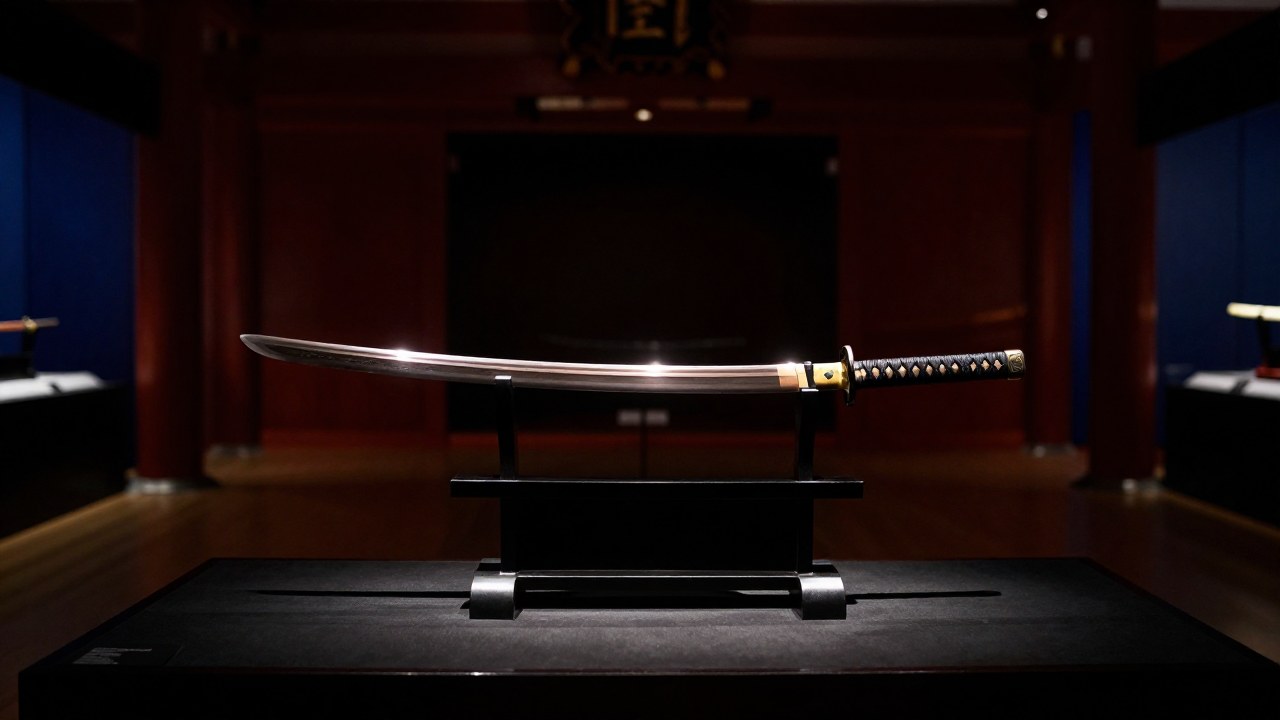 La antigua espada japonesa Kusanagi-no-Tsurugi se exhibe como artefacto imperial en un museo tradicional.