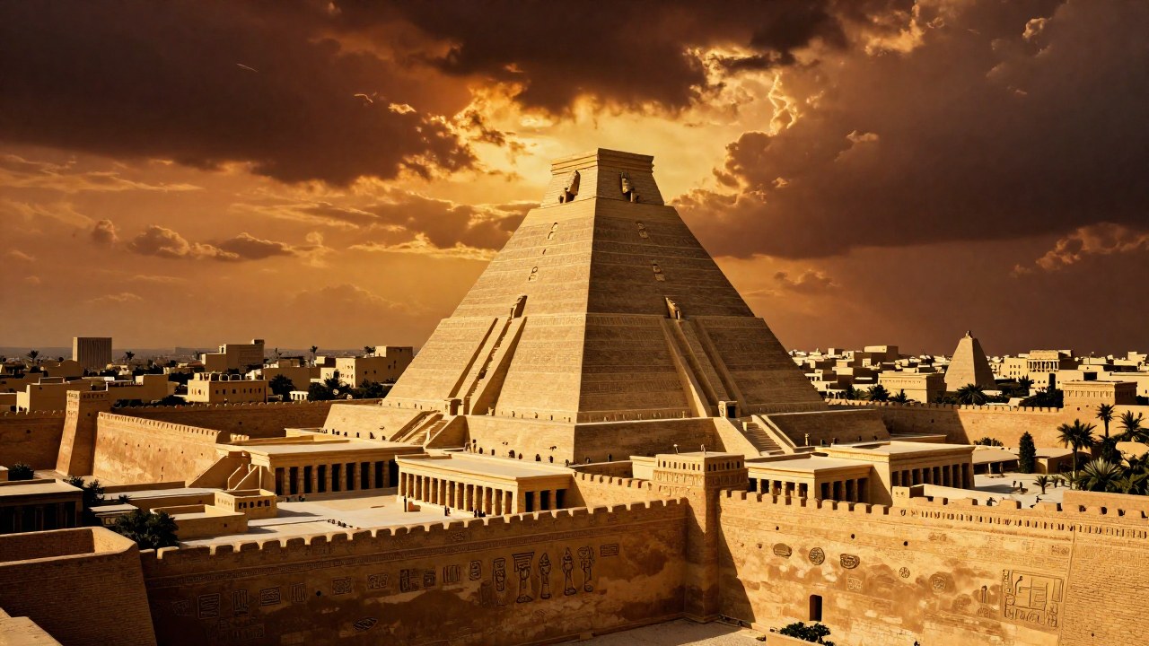 Masivo zigurat babilonio enclavado en el paisaje urbano de la antigua Mesopotamia.