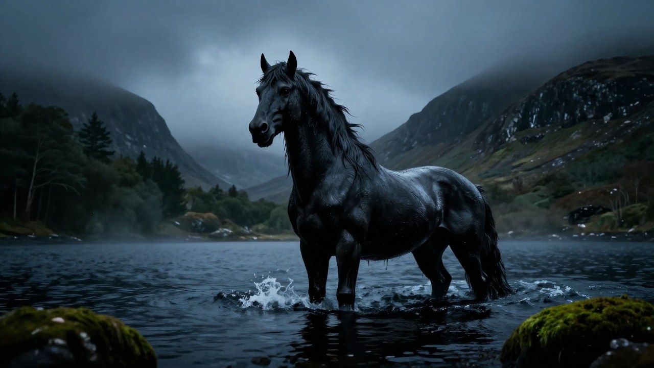 Un poderoso Kelpie, criatura equina mítica, emerge de las turbias aguas de un loch escocés.