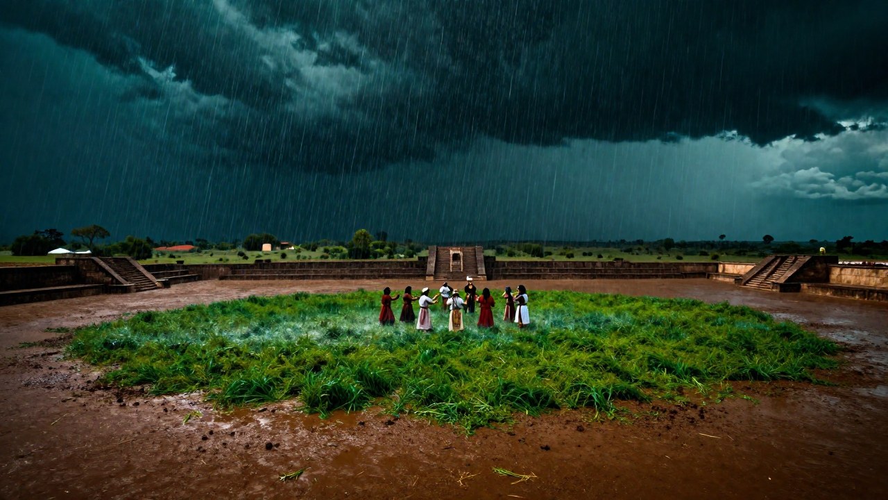 En plaza Mexica, la llegada de la lluvia ritual transforma la tierra sedienta.