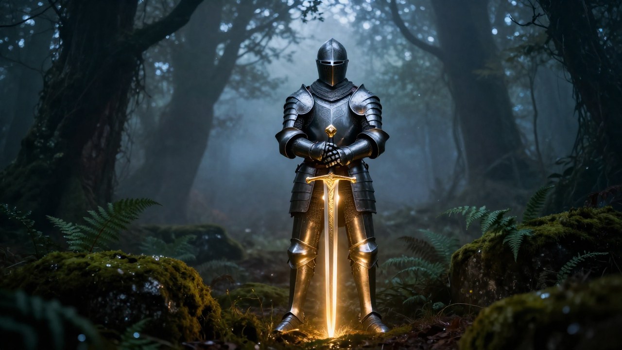 Caballero con armadura sosteniendo la espada Excalibur, que brilla en un bosque neblinoso.