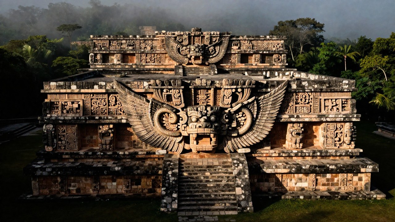 Fachadas talladas de pirámides toltecas que representan la iconografía de la serpiente emplumada.