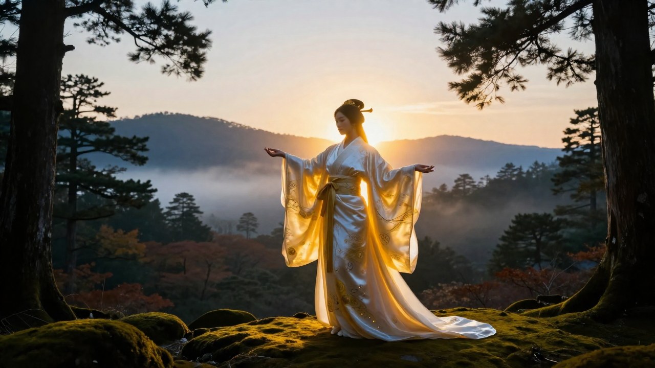 Figura con túnicas en un vasto paisaje japonés al amanecer, iluminada por una luz dorada.