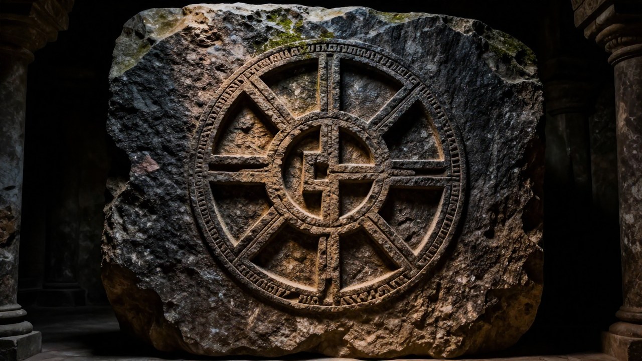 Símbolo eslavo Kolovrat tallado profundamente en una superficie de piedra antigua y desgastada.