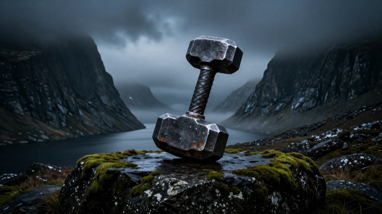 El martillo Mjölnir de hierro oscuro descansa en una losa de granito musgoso dentro de un paisaje nórdico brumoso.